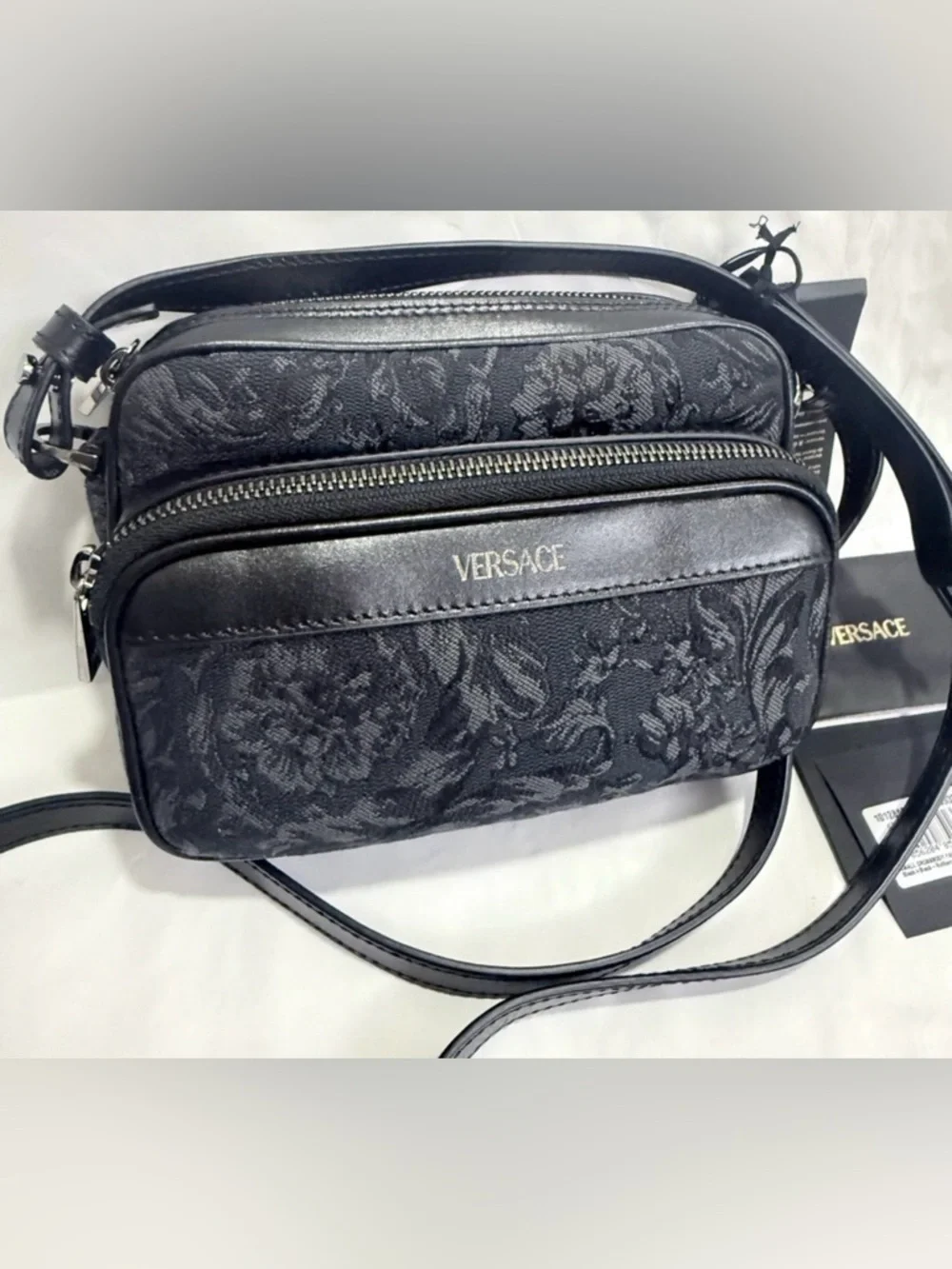 Versace Unisex Borocco Baroque Jacquard Logo Monogram Black Crossbody Bag NEW